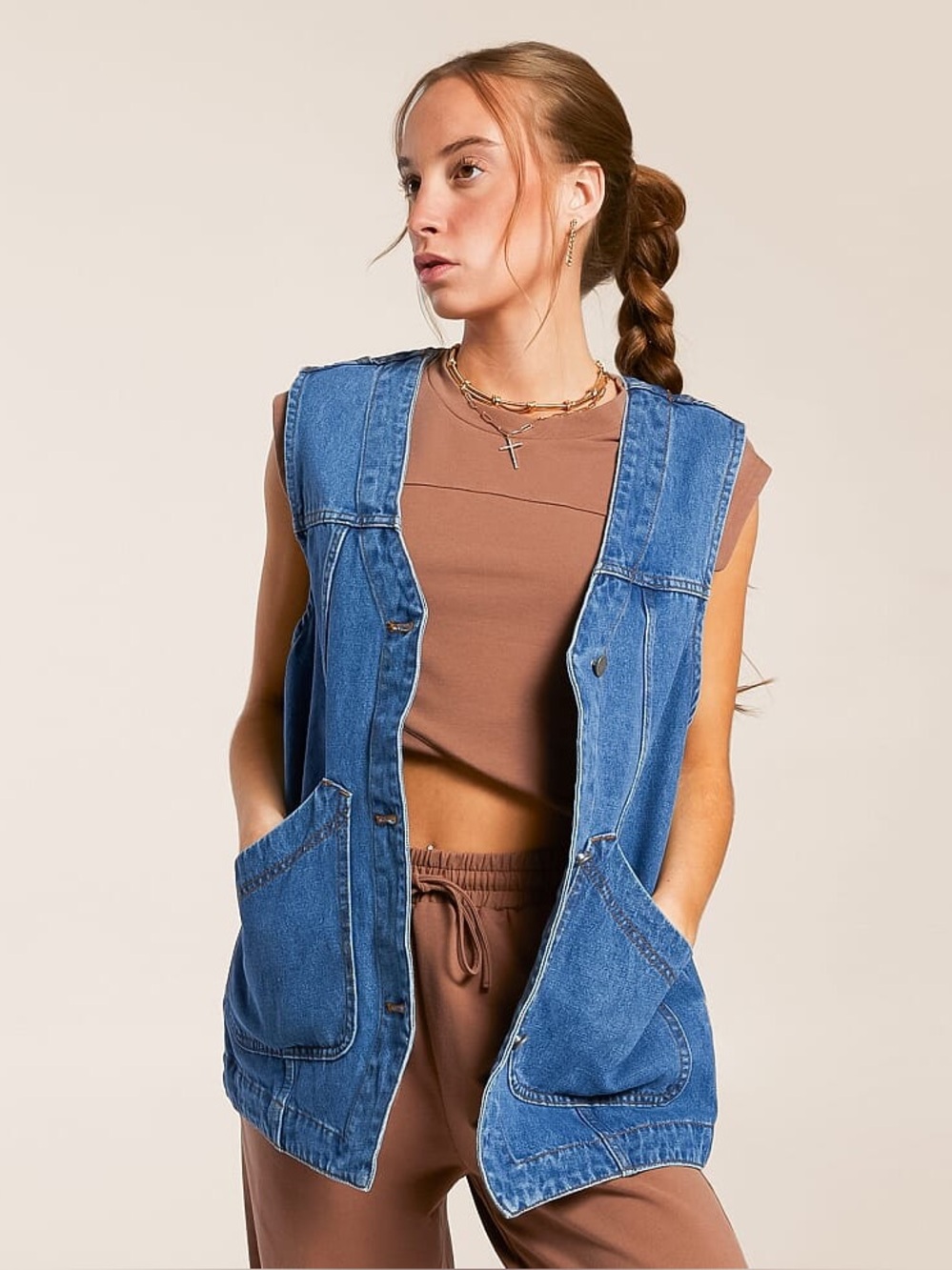 Veveret Oversized Denim Sleeveless Vest Utility Jacket Front Pockets size Medium - Picture 2 of 10